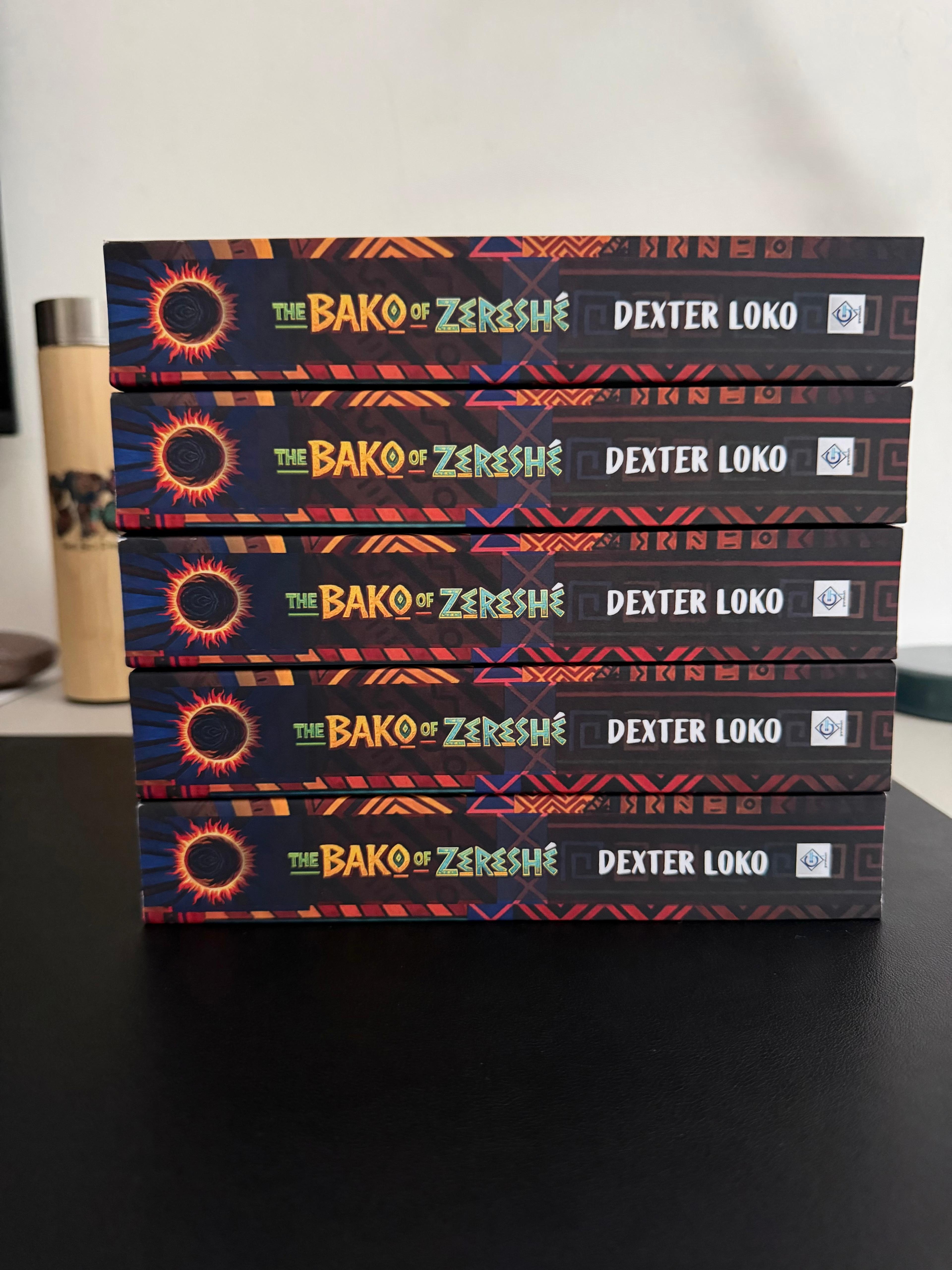 A stack of five copies of The Bako of Zereshé showing their illustrated spines.