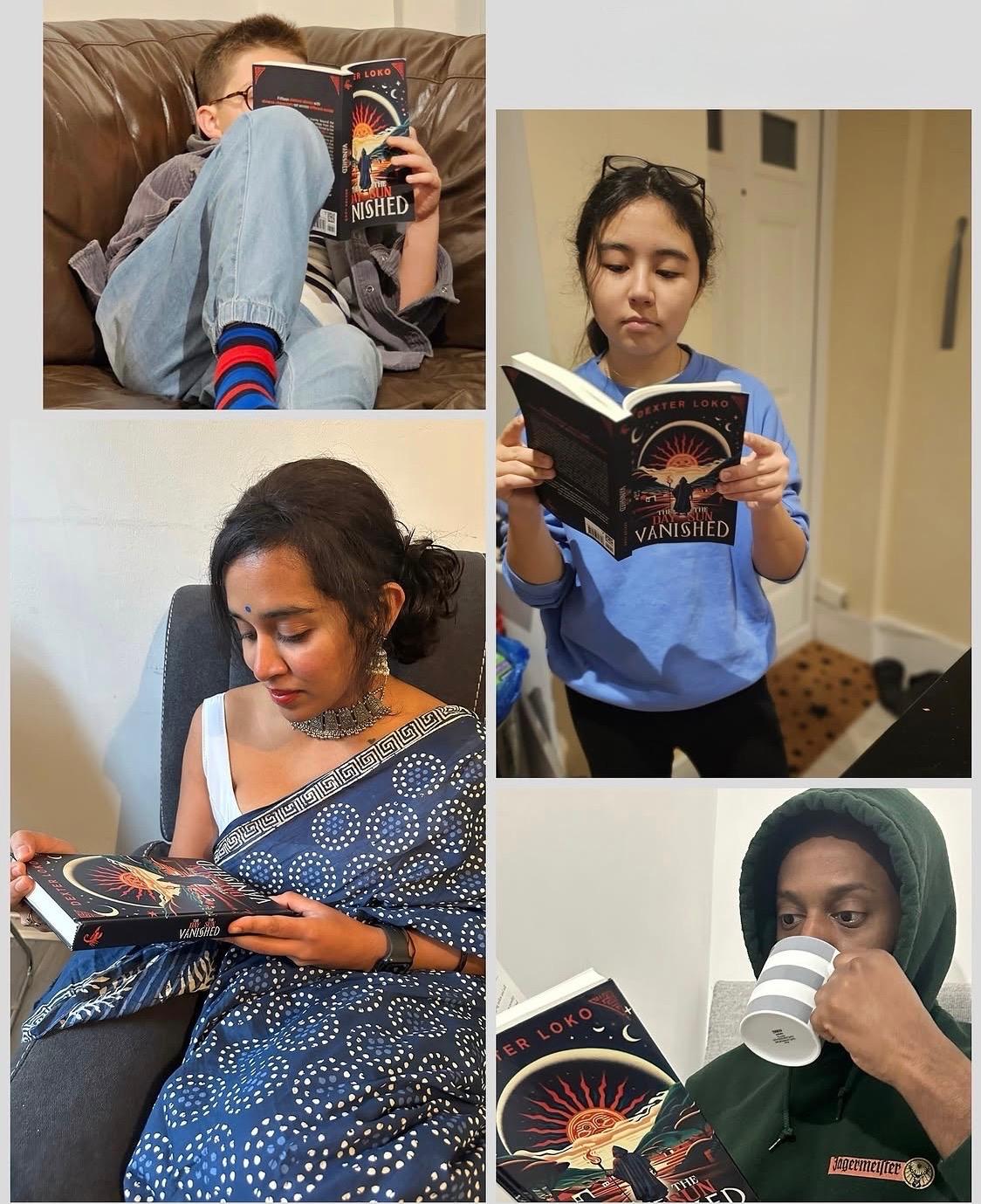 A collage of four readers enjoying copies of The Day the Sun Vanished.